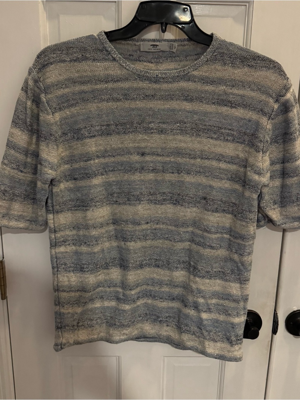 Inis Meáin 100% Linen Striped Knit Sweater T-Shirt Blue Cream Made in Ireland M